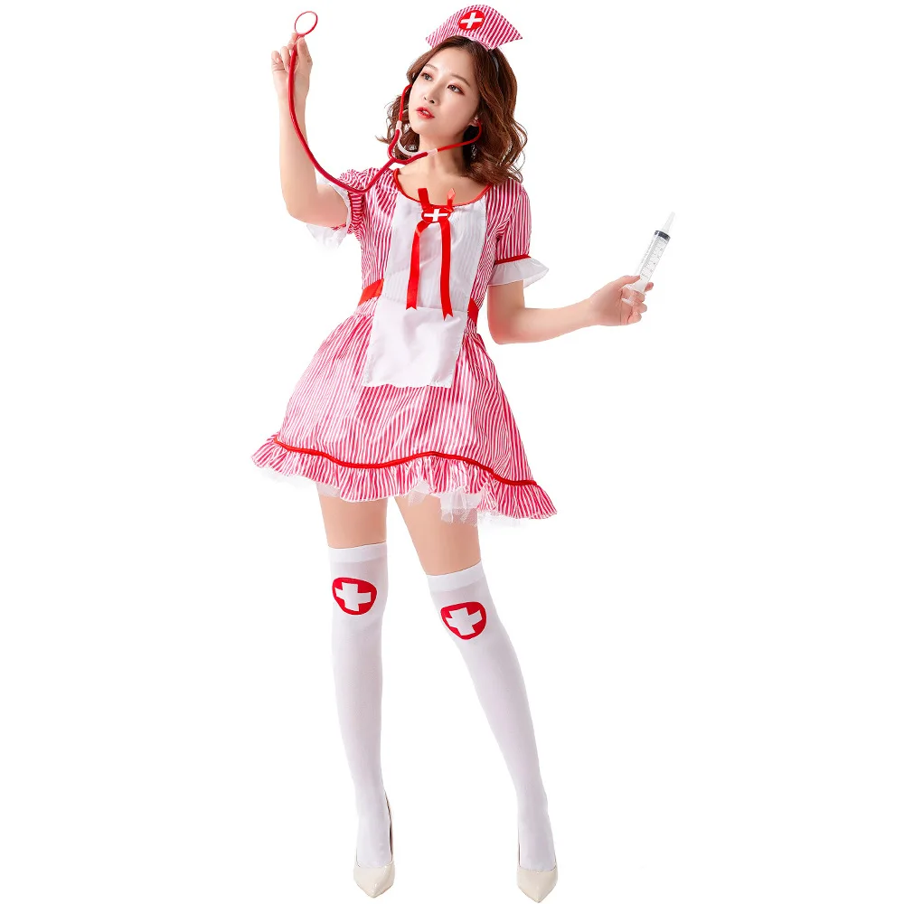 

Cute Maid Nurse Role-playing Game Uniform Vertical Striped Nurse Uniform Halloween Costumes for Women