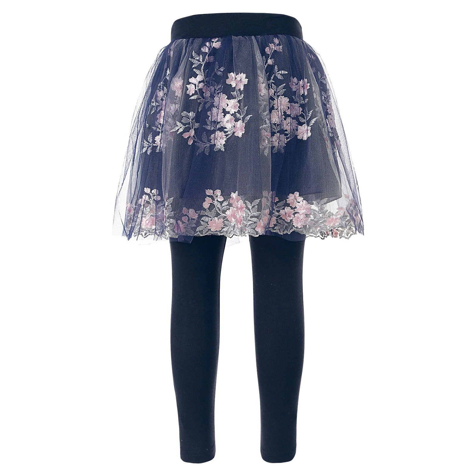 

Kids Girls Leggings With Skirt Spring Autumn New Flower Embroidery Mesh Tutu Skirt-Pants Trousers For Dance Gymnastics Workout