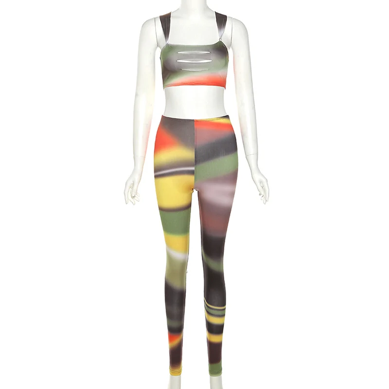 

Two Piece Set Women Printed Straps Cut Out Camis Top +High Waist Legging Pants Outfits 2021 Summer Casual Tracksuits Y2K Clothes
