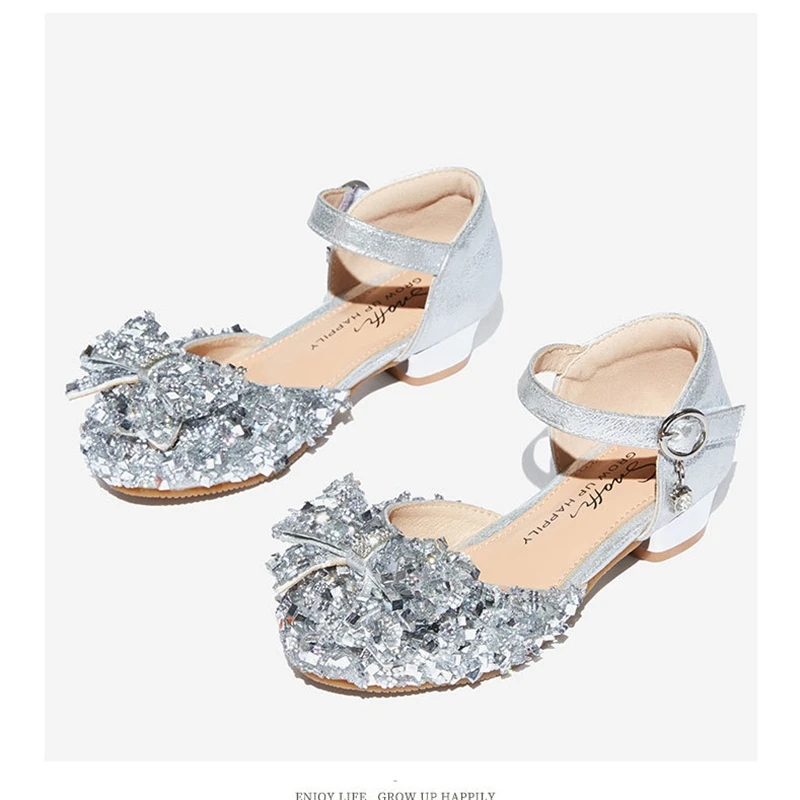 

Spring and Summer Girls Crystal Shoes Noble Rhinestone Mid Heels Princess Shoes Party Shining Children's Sandals Size 28-30