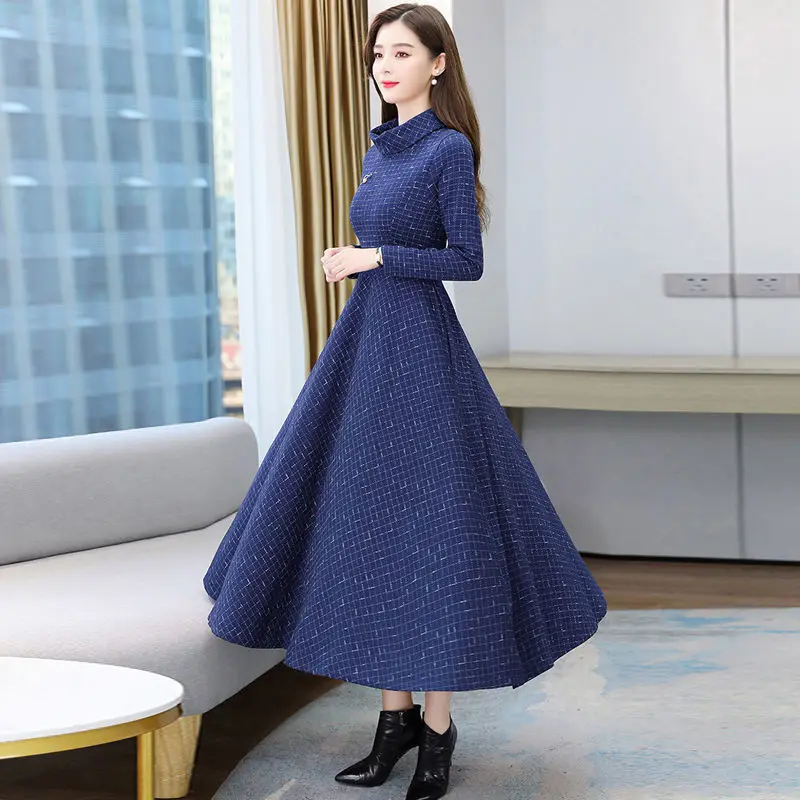 

Fairyshely Vintage Turtleneck Velvet Dress Women 2020 Autumn Winter Office Lady Dress Elegant Long Sleeve Party Dresses
