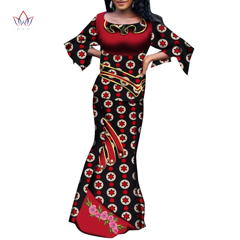 2 Piece Women Set Dashiki African Short Sleeve Two Piece Set Crop Top Suit long Skirt Print V-neck Outfit Africa Clothing WY6677