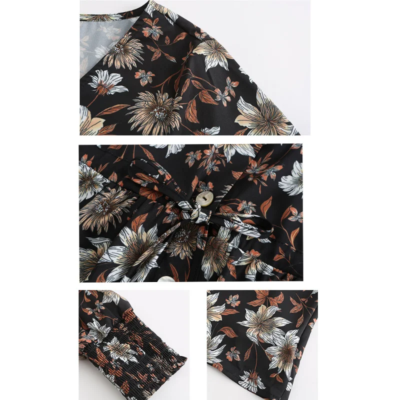

Summer Sexy Deep V-neck Vintage Floral Print Evening Party Long Sleeve Dress Elegant Boho Style Beach Dress Casual Midi Dress