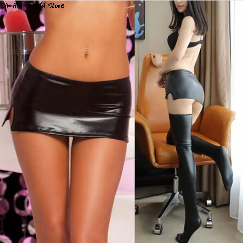 Черные сексуальные женские ПВХ Мокрый Вид искусственный латекс микро мини-юбка с