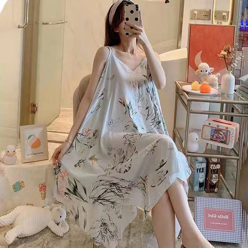 Women Nightgown Sleeping Dress Lingeries Bath-Gown Sexy Female Large Size NightDress Deep-V-Neck Charming Summer Sleepwear Flora