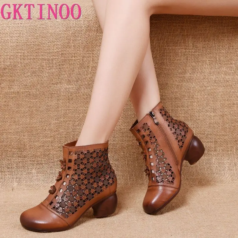 

GKTINOO 2021 Summer Ankle Boots Genuine Leather Shoes Women Med High Heel Back Zipper Boots Cutout breathable Mujer Zapatos