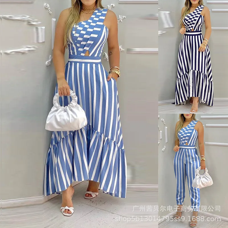 

2021 Womens Clothing New Blue Striped Print One Shoulder Jumpsuit Womens One Piece Outfit Donsignet