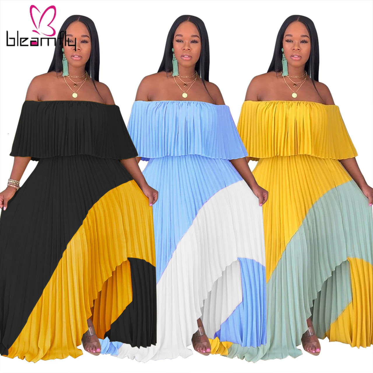 2019 женское летнее платье с вырезом лодочкой и открытыми плечами в стиле пэчворк