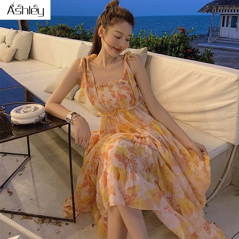 

Ashley Holiday floral print women spaghetti bud dress summer High waist female strap dresses ruffled Sexy beach dress bow