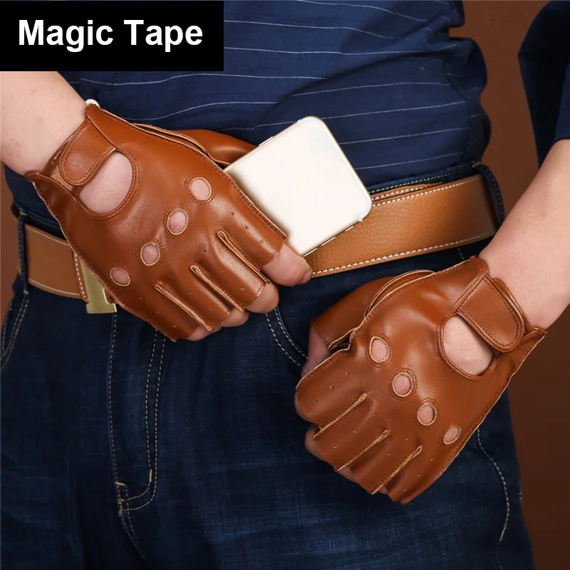 Magic Tape -Camel Мужские перчатки без пальцев, кожаные перчатки для вождения в тренажерном зале, тактические военные Перчатки для фитнеса, мотоцикла, перчатки с полупальцами, черные мужские Нескользящие - Цвет: Magic Tape -Camel