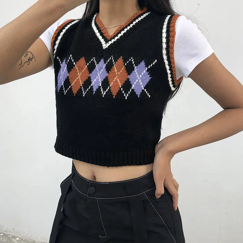 

Argyle Plaid Knitted Tank Top Female Streetwear Preppy Style Clothes Stripe VNeck Cropped Knitwear 90s Sweater Vest