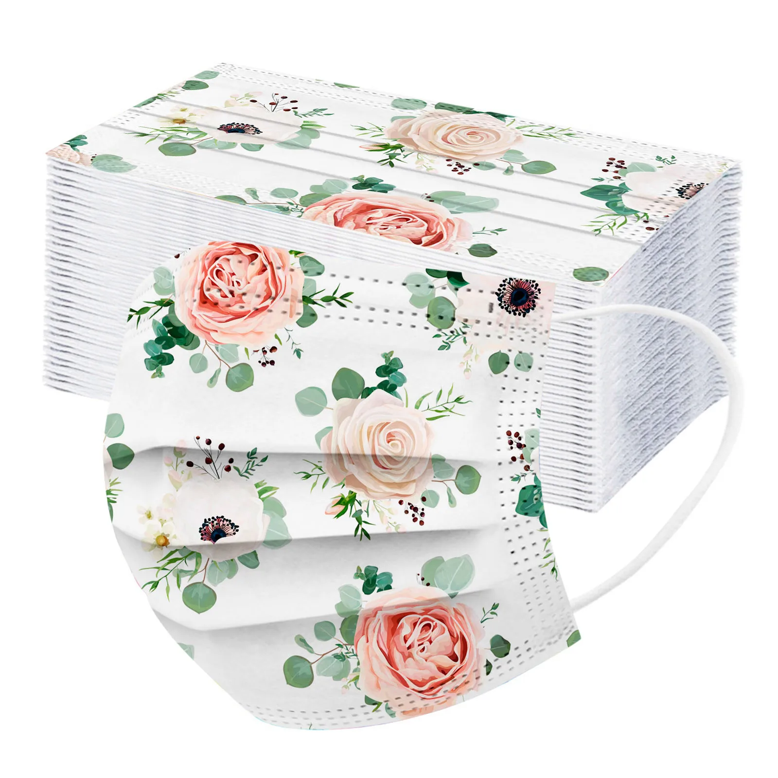 50 шт. одноразовая маска для лица женская элегантная Цветочная дышащая из 3 слоев