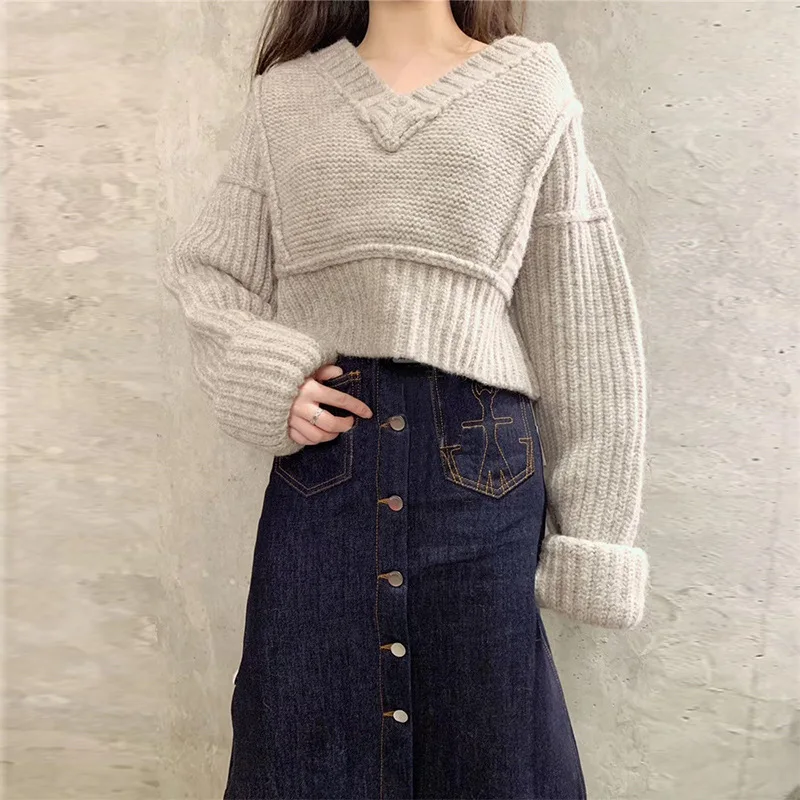 

2021 Women Sweate Autumn and Winter New V-neck Loose Short Wool Sweater Pullover Thickened Outer Sweater