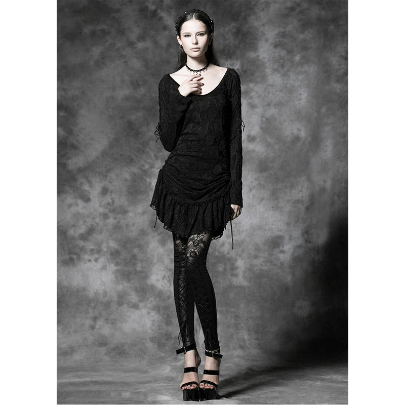 PUNK RAVE Women Sexy Good Elastic Flocking Bind Lace Leggings Gothic Retro Black Patchwork Slim Long Pants Punk Rock Clothing