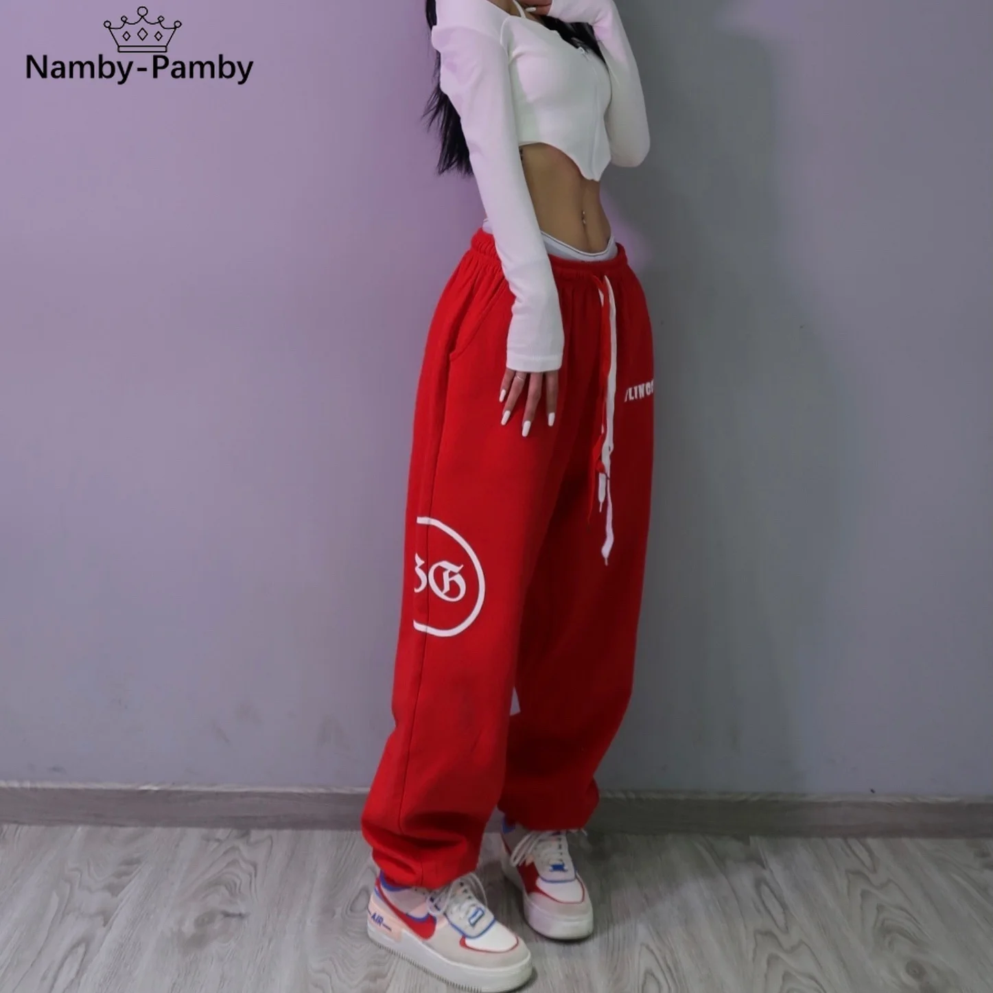 

Baggies Hip-hop High-waist Casual Pants Red Large Size Fried Street Sweat pants Loose Korean Style Women Bottoms Pants 2020