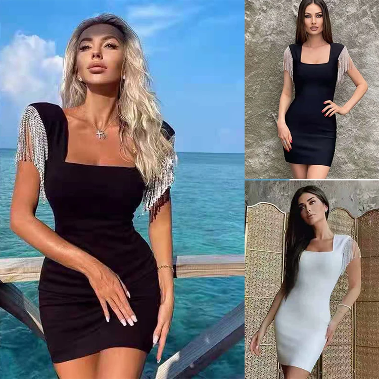 

Bodycon dress for women Square Neck Black Dress Women Elegant Cotton Fashion Side Split Dress Mini Ladies Basic