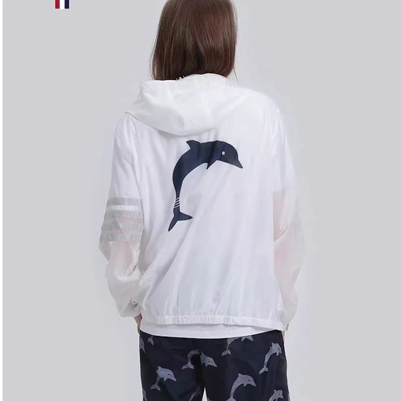 

TB Brand THOM Women Jacket Sun Protection Clothing Casual Dolphin Pattern Hooded Zipper Striped Motor Wear Sportswear