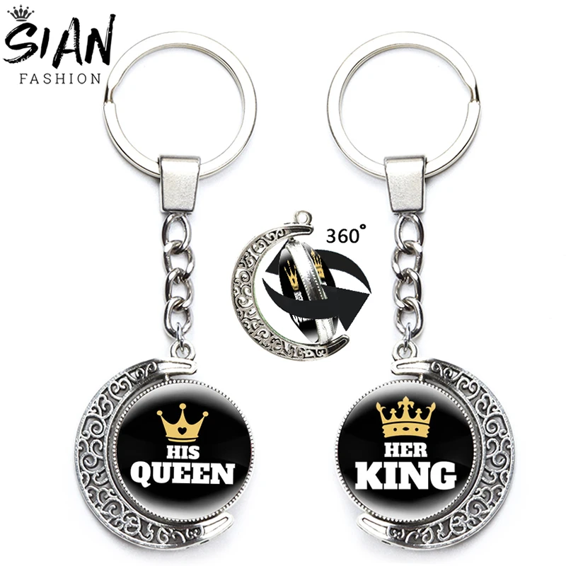 

Браслет с подвеской Her King His Queen брелки для ключей в форме Луны, брелки с короной, вращающееся на 360 градусов стекло, ювелирные изделия, подарки...
