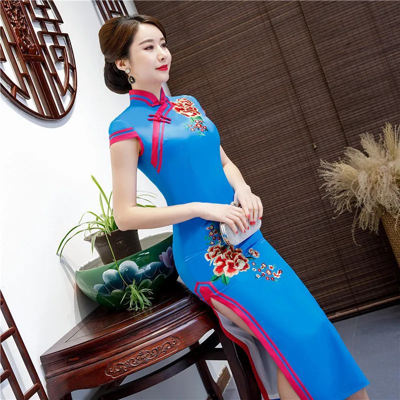 

Blue Sweet Floral Embroidery Chinese Dress Lady Exquisite Vintage Button Trim Qipao Elegant Sexy Slim Novelty Cheongsam XS-3XL