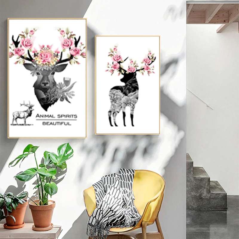 RELIABLI Арт холст картины Черный и белый олень с цветком фотографии Wall ART Для