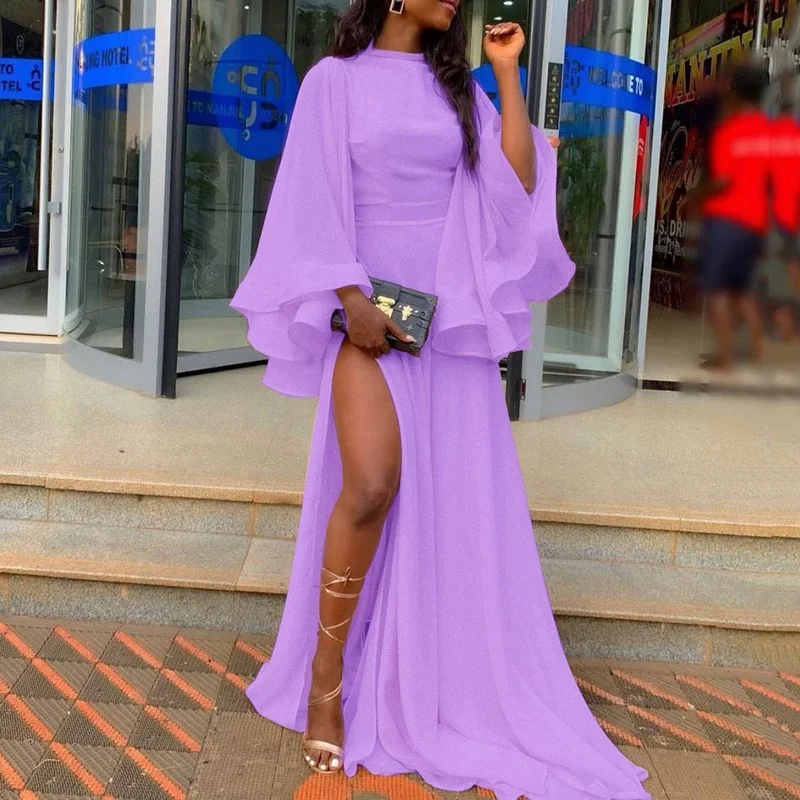 

Women Purple Party Dress 2021 Fashion Autumn Elegant Vintage High Waist Long Sleeve Sexy Split White Long Dresses Floor-Length