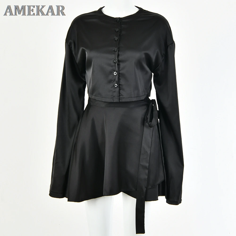 

White Elegant Satin 2 Two Piece Set Women Lantern Long Sleeves Crop Tops Cardigan Sexy High Waist Mini Tennis Sports Skirts 2021