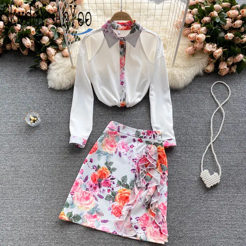 

Autumn 2 Piece Sets Women's Outfits Suit Hollow Out Long Sleeve Blouses Top And Floral Printed Mini Skirt Elegant Two Piece Set