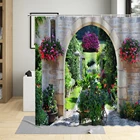 Занавеска для душа с садовыми цветами, зеленые растения, каменная стена, деревянная дверь, уличный пейзаж, декоративная ткань, набор из полиэстера