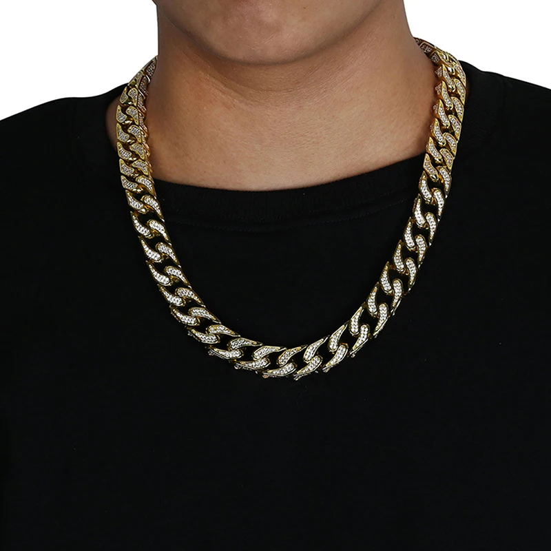 

16mm Miami Curb Cuban Chain Gold Silver Color Hip Hop Men Necklace Bling Iced Out Paved Rhinestones CZ Rapper Male Link Jewelry