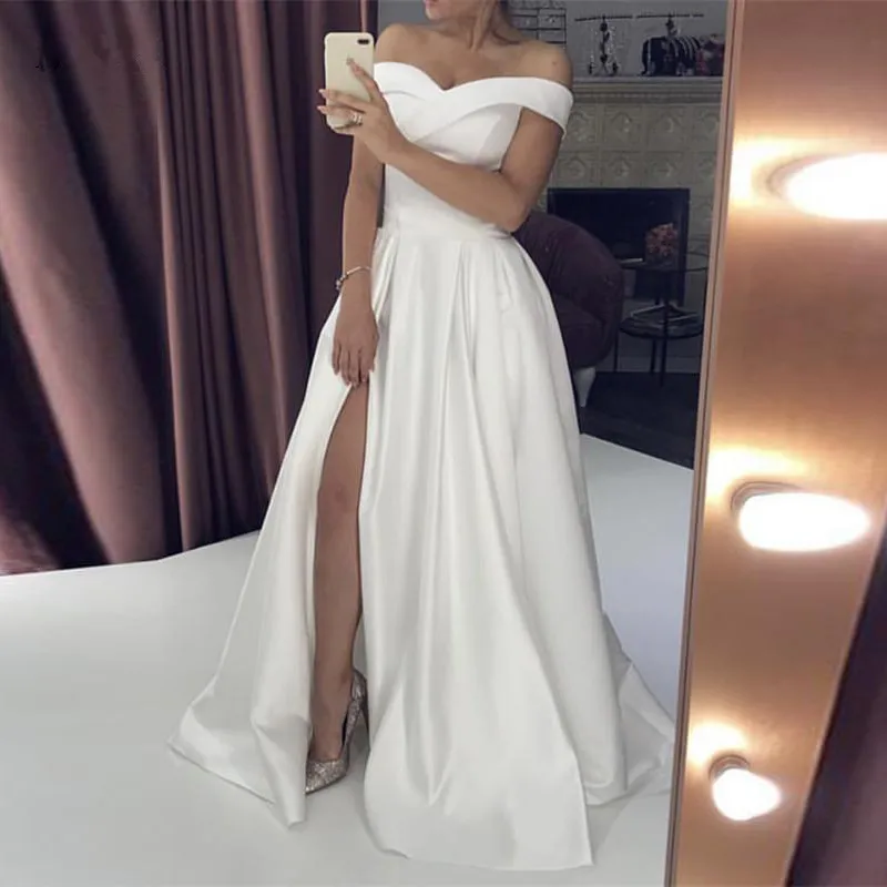 

Wedding Dresses 2020 Satin Off the Shoulder Bridal Gown Right Split Backless vestido de noiva custom made suknia slubna