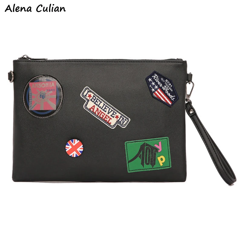 

Vintage Fashion Men Leather Clutch Bag Flag Stamp Pattern Black Large Clutch Handbag Cool Travel Shoulder Bag sacoche homme