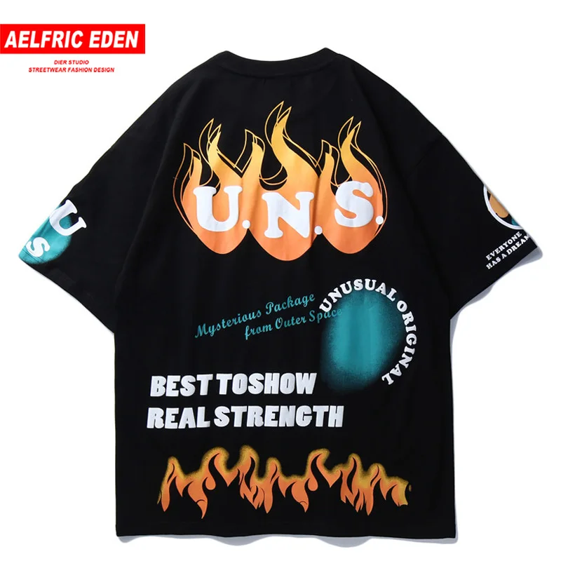 Оверсайз Футболка Мужская Хип-Хоп Уличная граффити Огонь Пламя Печать Harajuku