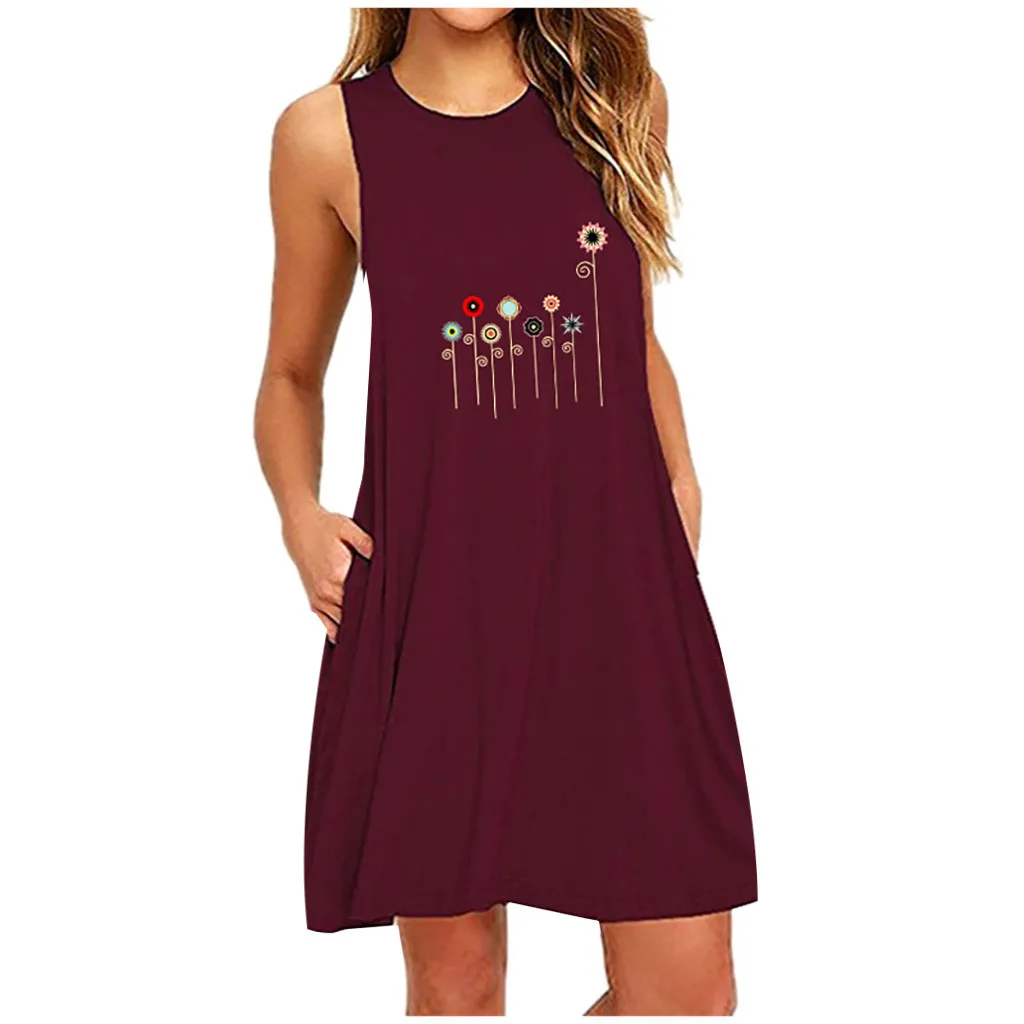 Женское платье без рукавов повседневное мини-платье с круглым вырезом карманами