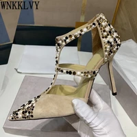 sexy pointed toe thin high heel pumps women kid suede shallow mouth pearl rhinestone decor sandals runway party wedding shoes
