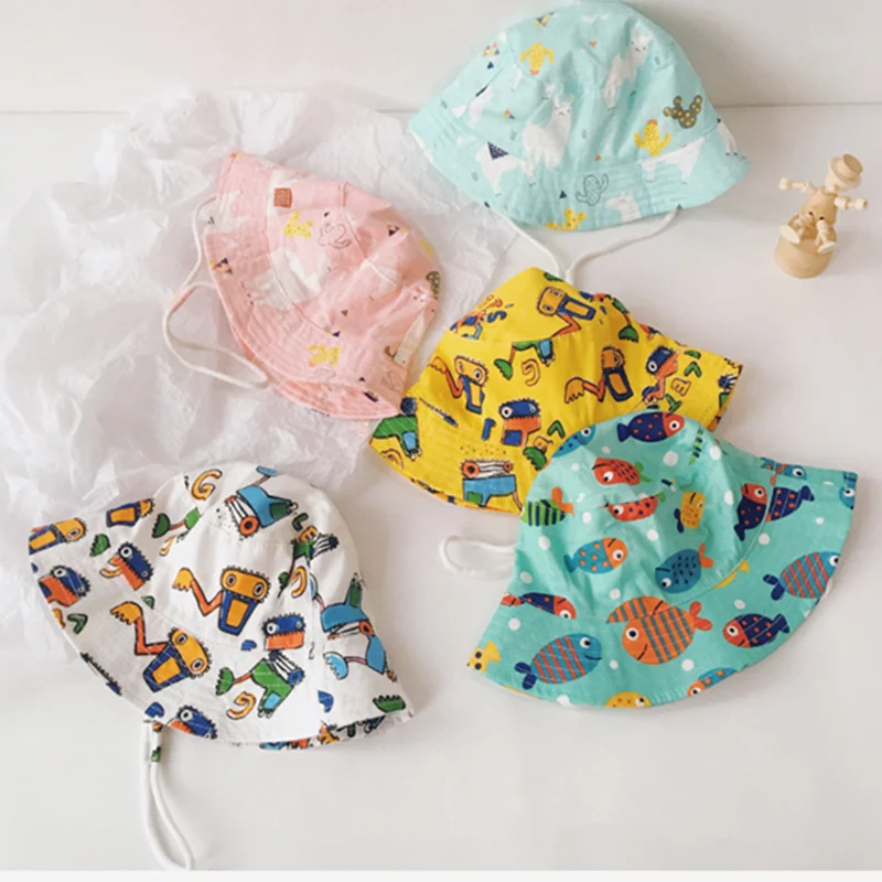 

Children Cute Sun Hat Cartoon Printed Basin Baby Sunshade Hat Kids Adjustable Fisherman Hat Sunscreen Hats Pattern Bucket Hats