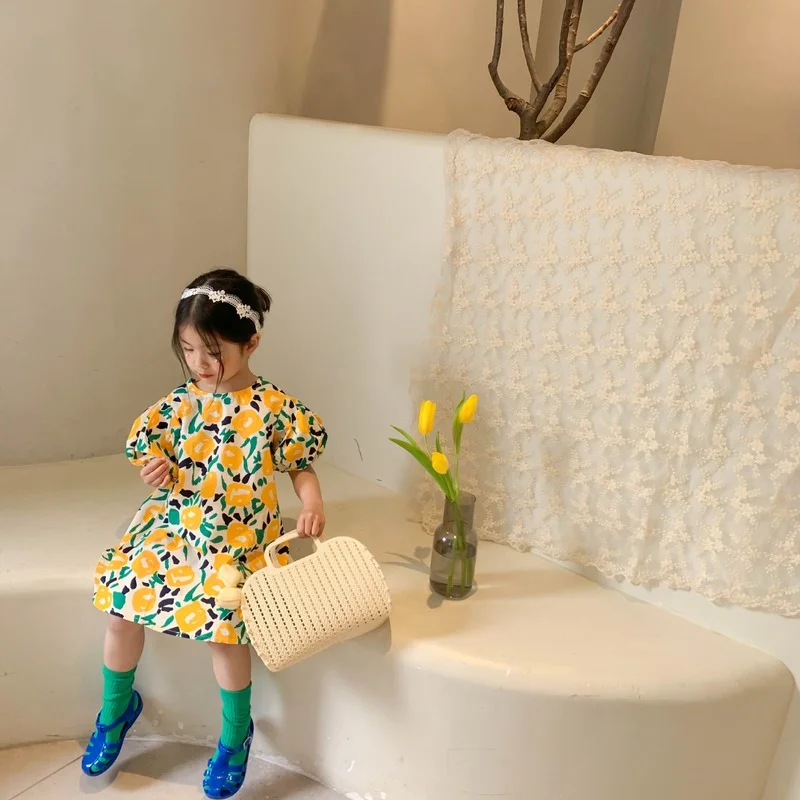 Детское Хлопковое платье с коротким рукавом и цветочным принтом | Детская одежда