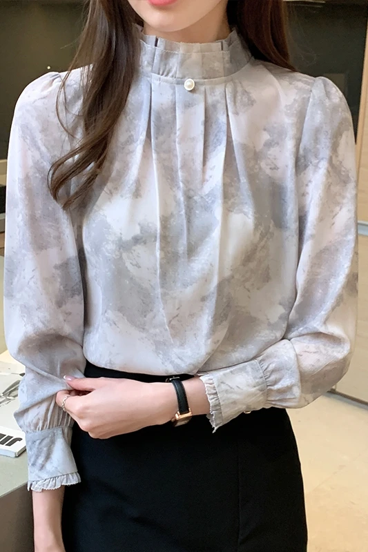 

Houthion New Casual Women's Blouse Satin Slim Blouses Fashion Long Sleeve Top Printing Stand-up Collar Pullover Lady Blusas