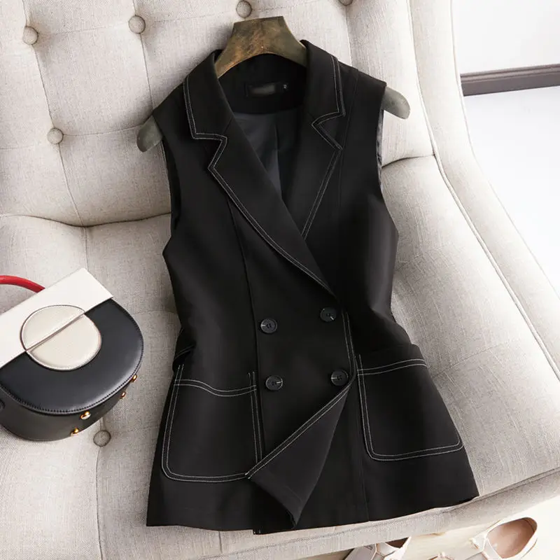

2021 Spring Autumn Women Vintage Vest Lady Notched Double Breasted Loose Vests Female Casual Solid Sleeveless Waistcoat O367