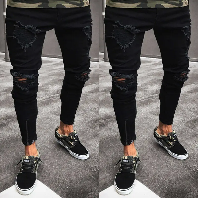 

Мужские модные дизайнерские брендовые черные джинсы, облегающие рваные Стрейчевые зауженные брюки в стиле хип-хоп с дырками