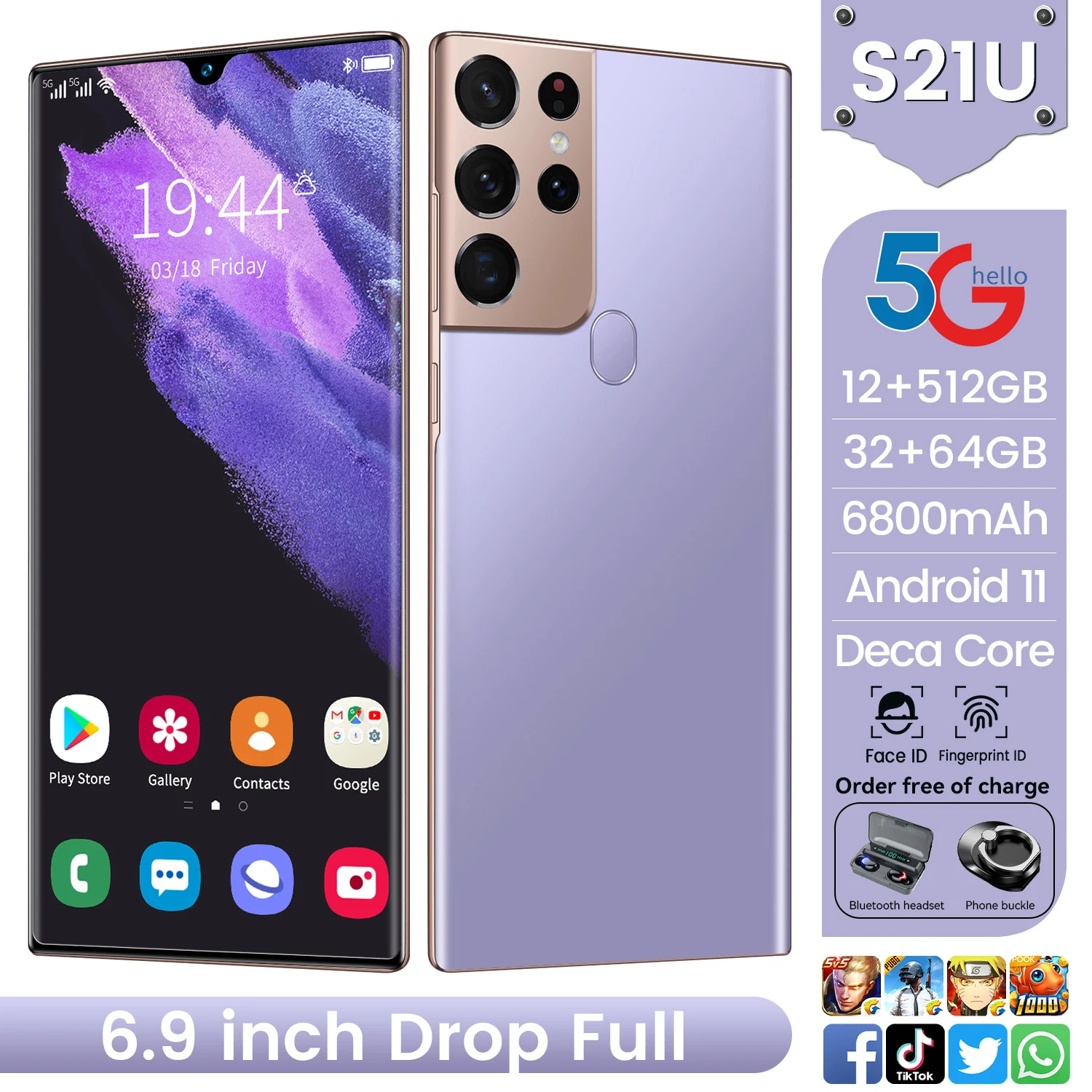 

Smartphone Android S21U 16GB 512GB Celulares Octa Core HD Camera 6.9" Telephone 6800mAh Global Version 4G 5G Mobile Cell Phones