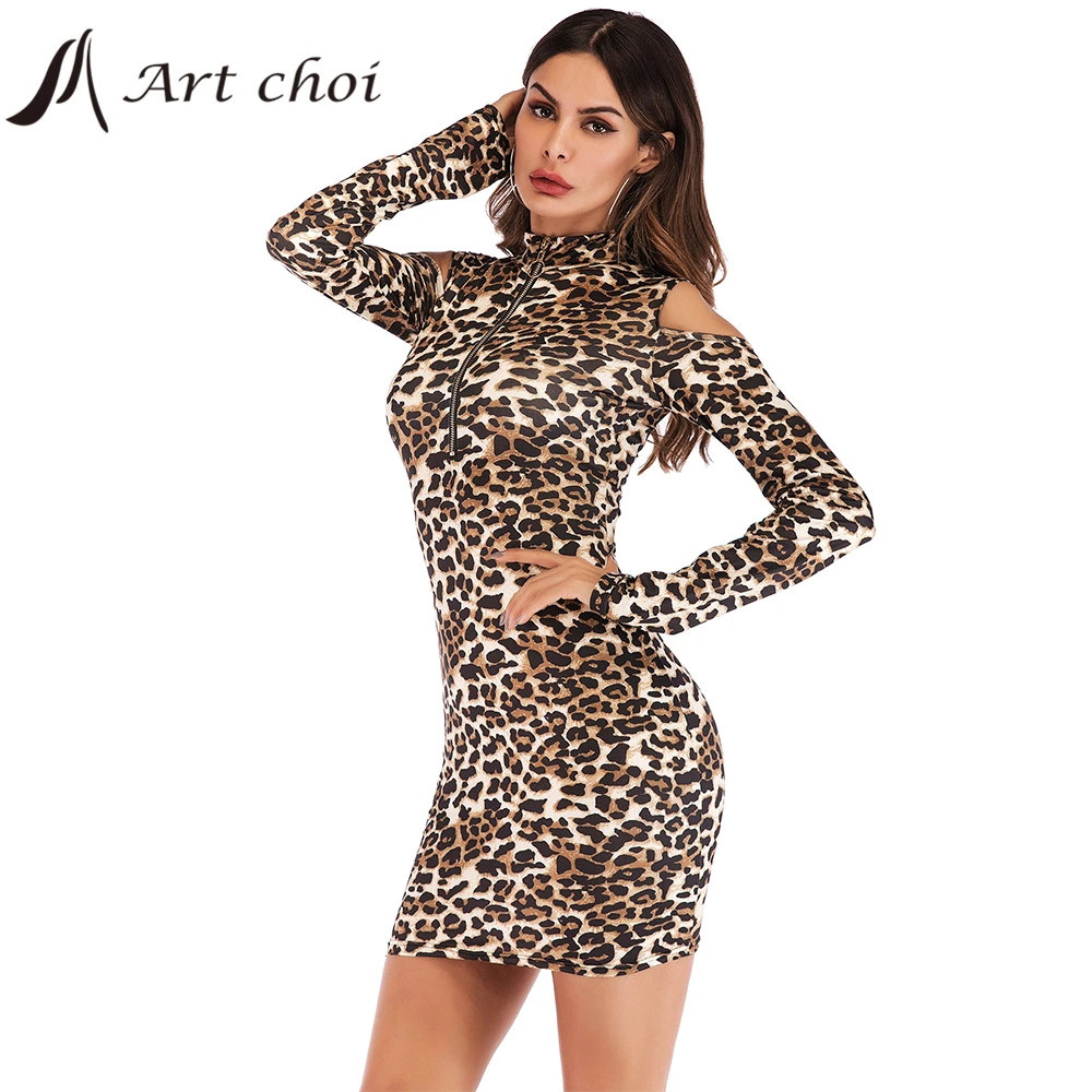 

Spring Autumn Women Sexy Leopard Snakeskin Mini Dress Party Female Slim Skirt Garment Buttocks Off Shoulder Turtleneck Ladies
