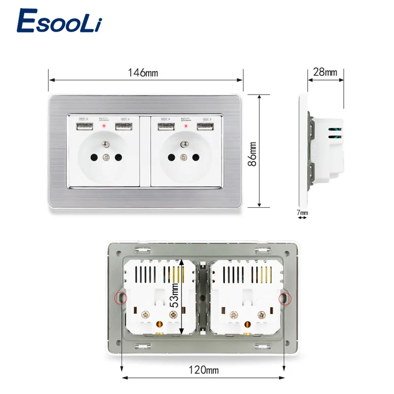 Настенная розетка Esooli из нержавеющей стали 2 клавиши 4 порта USB скрытый мягкий