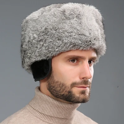 Русская шапка для мужчин, новинка, мужская шапка из кроличьего меха, зимняя шапка с ушками, теплая, утолщенная, модная, для взрослых - Цвет: grey