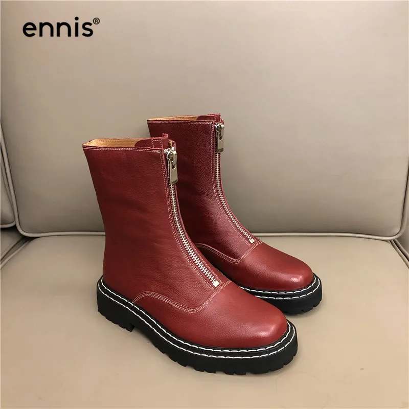 ENNIS/Брендовые женские ботинки на молнии спереди; женская обувь; ботильоны из натуральной кожи; ботинки на платформе; Цвет черный, бежевый, красный; A9236