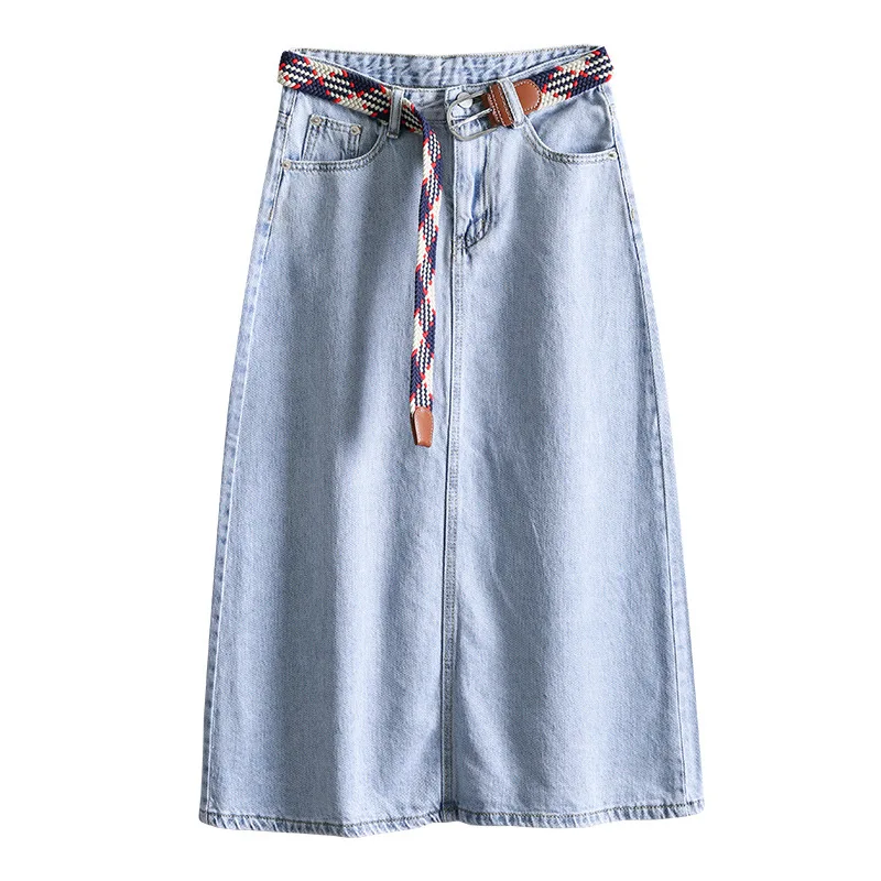 

Women Denim Skirts 2021 Summer Female High Waisted A-line Skirts Light Blue Deep Blue Loose Split Jean Skirts Ladies Knee Length