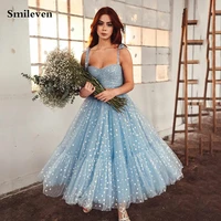 smileven sky blue puff tulle mini prom dresses sweetheart a line prom gowns bow straps tea length wedding party dresses 2022