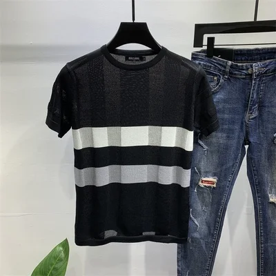 

Short-sleeved sweater stripe men's Korean T-shirt sweater half-sleeved was thin and fashionable and handsome