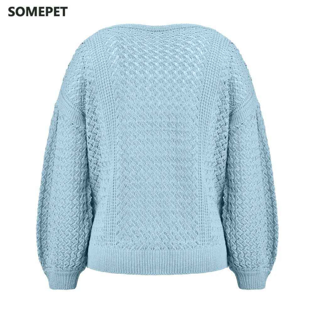 

New Women Spring Autumn Thin Knit Sweater Tops Female Loose Fit V-Neck Print Type Hollow Knitted Long SLeeve Oversized Pullover