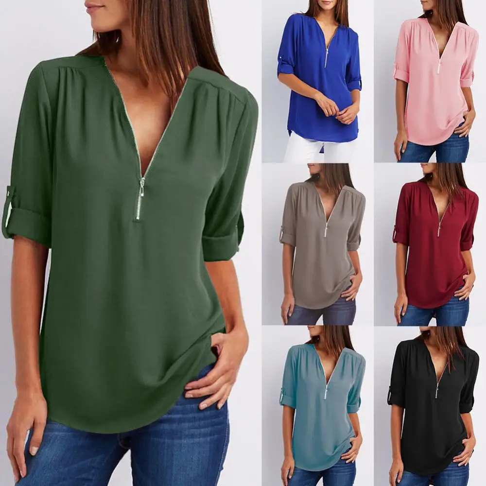 

Blouse Woman Female Autumn Fashion Shirt Casual Office Lady Sexy Solid Color Zipper V Neck Half Sleeve Loose Shirt Блузки 2021