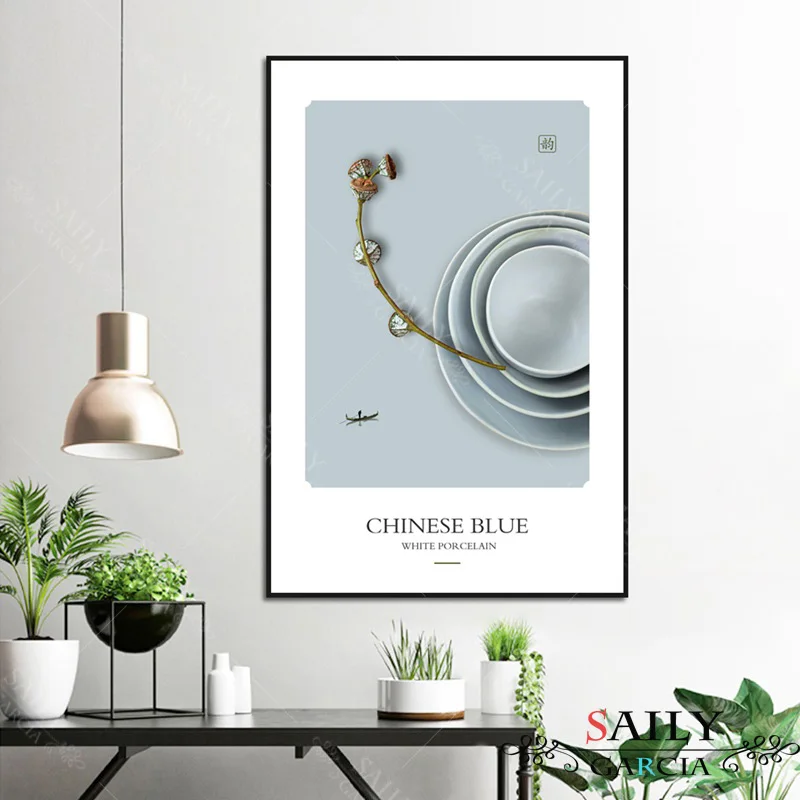 Картина на холсте китайская синяя керамическая тарелка плакаты современный